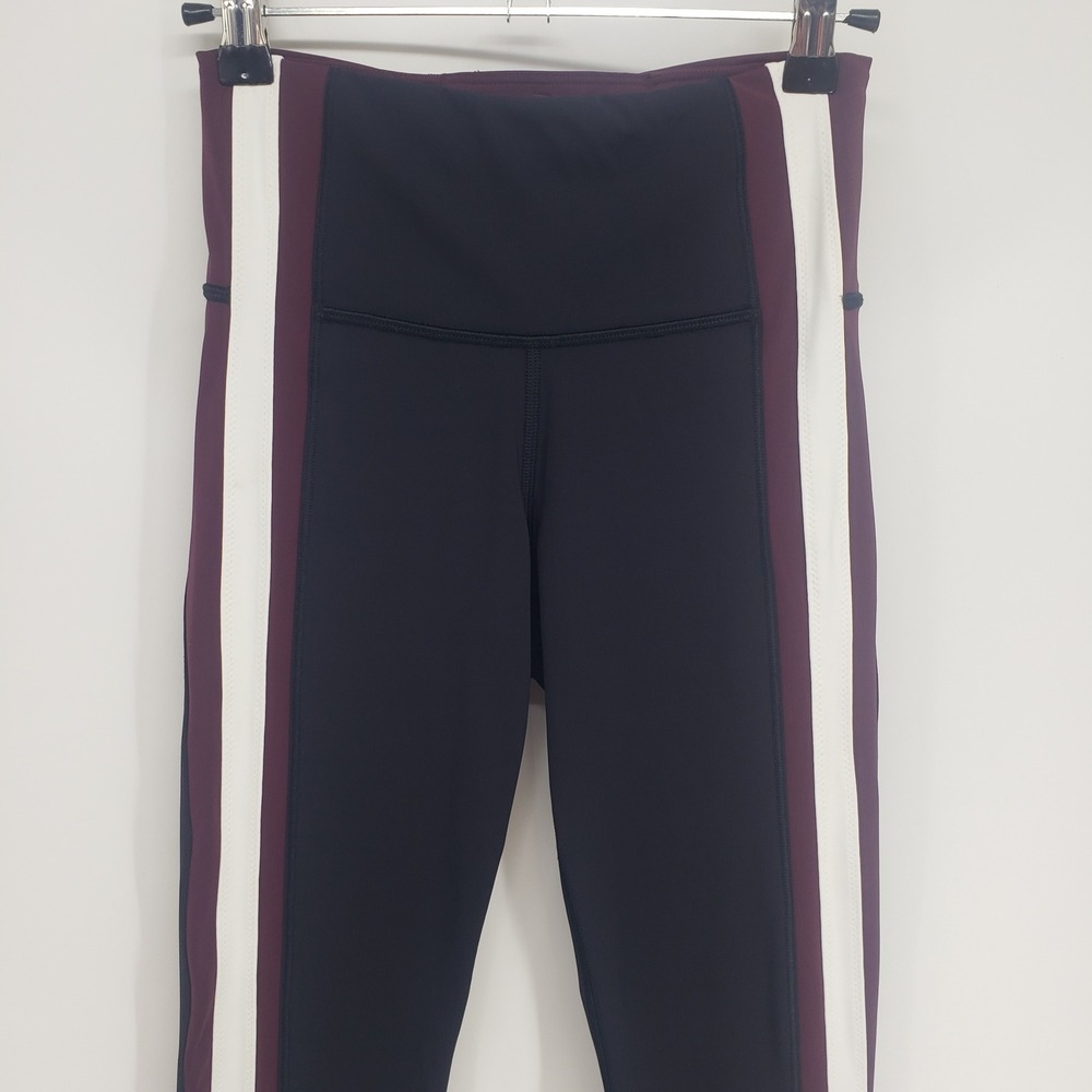 Athleta Crunch 7/8 Leggings Women XXS Black Burgundy Colorblock Stripe Workout - Picture 6 of 10